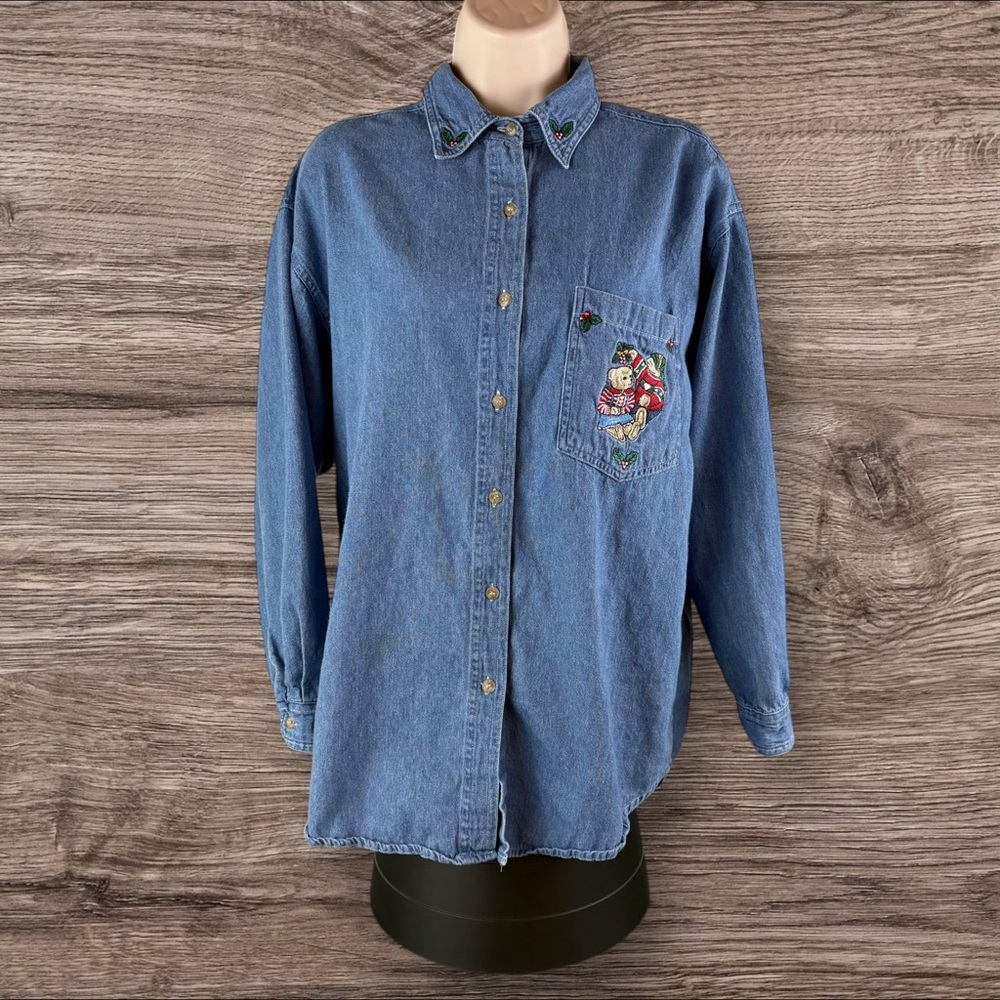Quizz Button Down Womens Medium Christmas Blue Denim Embroidered Holiday Bear 71